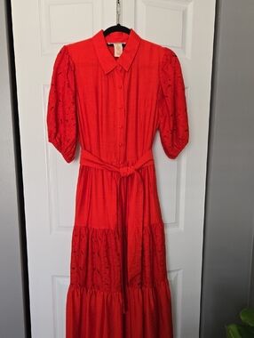 Women's Red Button-Front Maxi Dress with Puff Sleeves
